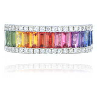 18ct White Gold 2.61cttw Baguette Cut Rainbow Sapphire & Diamond Half Eternity Ring