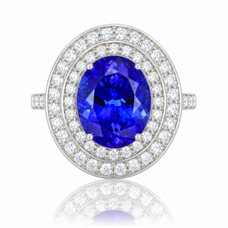 18ct White Gold 5.74cttw Oval Cut Tanzanite & Diamond Double Halo Ring