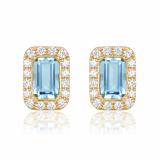 18ct Yellow Gold 0.63cttw Octagonal Cut Aquamarine & Diamond Halo Stud Earrings