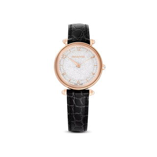 Swarovski Rose Gold-Tone Crystalline Wonder Watch with a Black Leather Strap