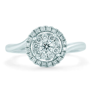18ct White Gold Diamond Pave Ring With A Diamond Halo And Twist Shoulders