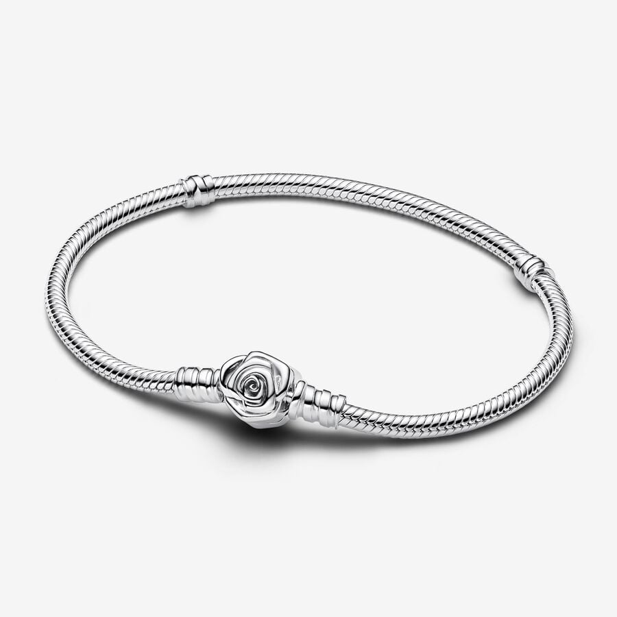 Pandora Silver Rose in Bloom Clasp Snake Chain Bracelet- 19CM