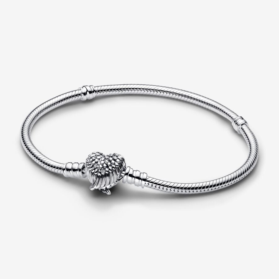 Pandora Silver Heart Wings Clasp Snake Chain Bracelet 20cm