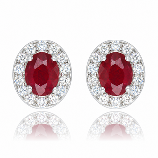 9ct White Gold 0.63cttw Oval Cut Ruby & Diamond Halo Stud Earrings