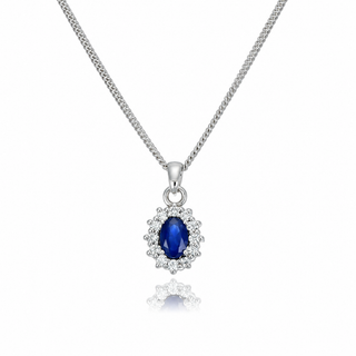 9ct White Gold 0.80cttw Oval Cut Sapphire & Diamond Halo Necklace 