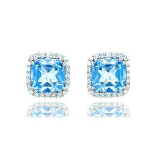 Fine Jewellery Jewellery 9ct White Gold 2.27cttw Cushion Cut Swiss Blue Topaz & Diamond Halo Stud Earrings 1221066