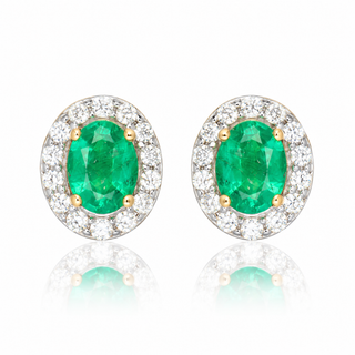 9ct Yellow Gold 0.63cttw Oval Cut Emerald & Diamond Halo Stud Earrings