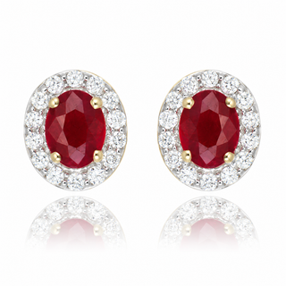 9ct Yellow Gold 0.63cttw Oval Cut Ruby & Diamond Halo Stud Earrings