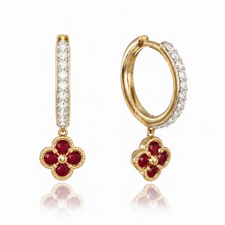 9ct Yellow Gold 0.78cttw Round Brilliant Cut Ruby & Diamond Clover Hoop Earrings