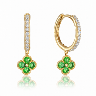 9ct Yellow Gold 0.78cttw Round Brilliant Cut Tsavourite & Diamond Clover Hoop Earrings