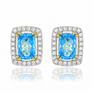 9ct Yellow Gold 1.31cttw Elongated Cushion Cut Swiss Blue Topaz & Diamond Halo Stud Earrings
