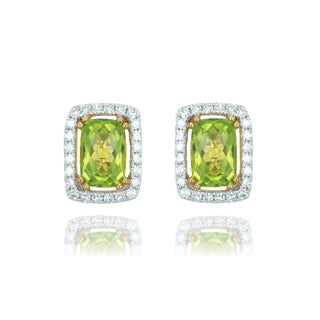 9ct Yellow Gold 1.49ct Cushion Cut Peridot & Diamonds Stud Earrings