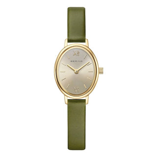 Bering Watches Bering Ladies Gold Plated 24mm Oval Quartz Watch With Green Leather Strap 6401702
