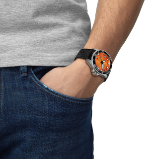 Tissot Watches Tissot Seastar 44mm Orange Automatic Watch with a Black Rubber Strap 3818111