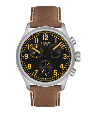 Tissot Watches Tissot Chronograph 42mm Black Quartz Watch with a Brown Leather Strap 3818110