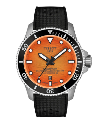 Tissot Watches Tissot Seastar 44mm Orange Automatic Watch with a Black Rubber Strap 3818111