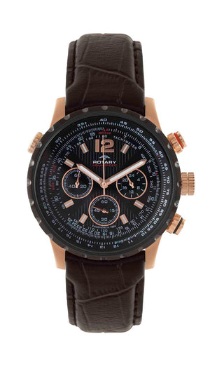 Rotary 43mm Aquaspeed Rose Gold Plated Black Quartz Watch with a Brown Leather Strap