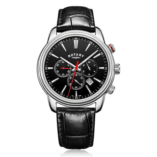 Rotary 42mm Monaco Chronograph Black Quartz Watch with a Black Leather Strap