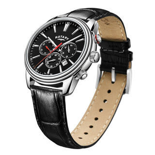 Rotary 42mm Monaco Chronograph Black Quartz Watch with a Black Leather Strap