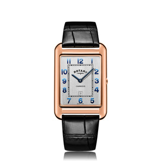 Rotary Rose Gold Plated Cambridge Quartz Watch with a Black Leather Strap