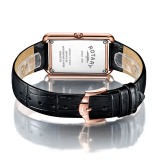 Rotary Rose Gold Plated Cambridge Quartz Watch with a Black Leather Strap
