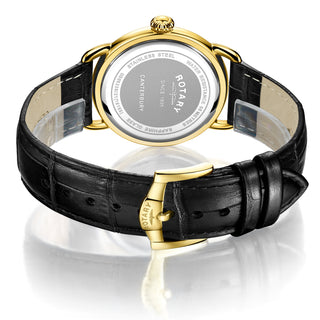 Rotary 38mm Yellow Gold Plated Traditional Quartz Watch with a Black Leather Strap