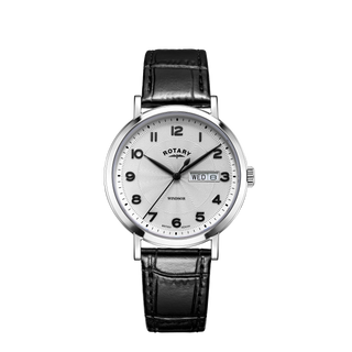 Rotary 37mm Windsor Silver Quartz Watch with a Black Leather Strap