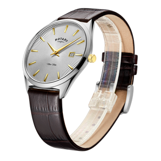 Rotary 38mm Ultra Slim Two-Tone Quartz Watch with a Brown Leather Strap