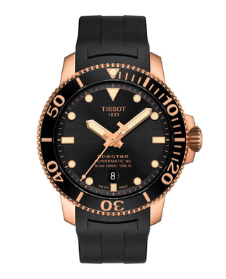 Tissot Seastar Gents Rose Gold Plated Automatic Watch With A Black Rubber Strap