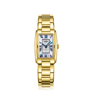 Rotary Square Yellow Gold Plated Mother-of-Pearl Dress Quartz Watch