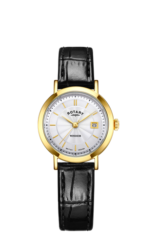 Rotary 27mm Windsor Yellow Gold Plated Quartz Watch with a Black Leather Strap