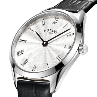 Rotary Watches Rotary Ultra Slim 27mm Silver Quartz Watch with a Black Leather Strap 3408033