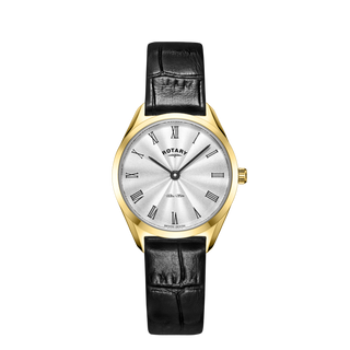 Rotary 27mm Yellow Gold Plated Ultra Slim Quartz Watch with a Black Leather Strap
