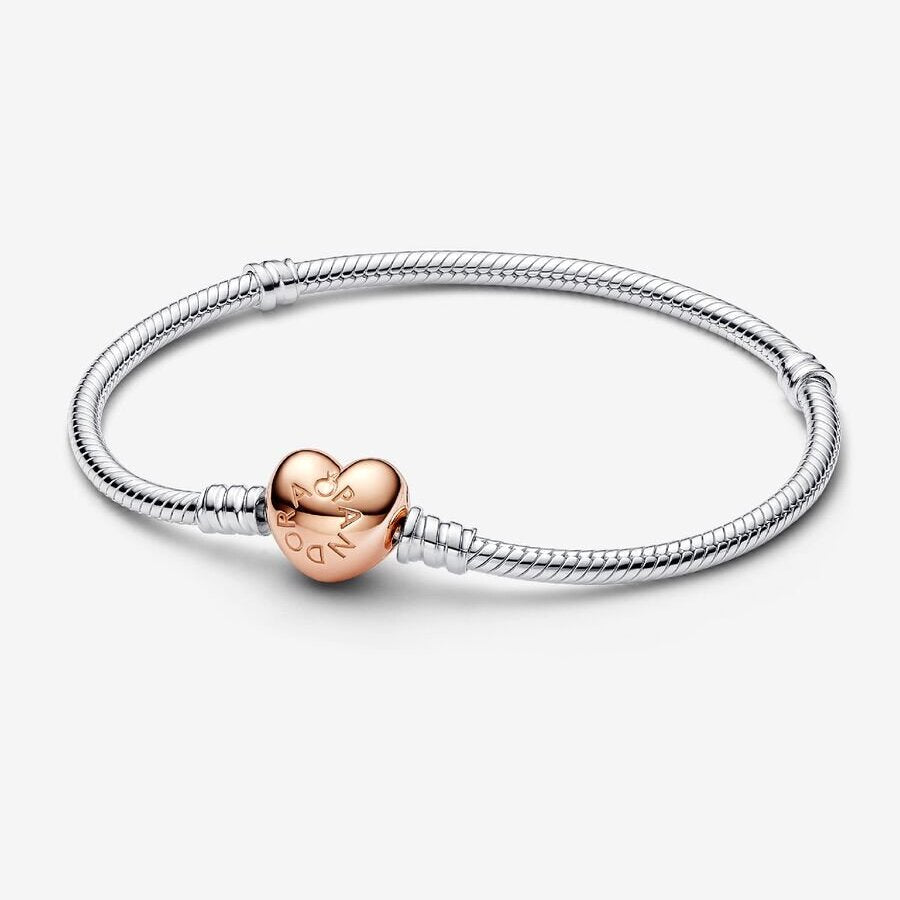 Pandora Silver and Rose Gold Plated Heart Snake Chain Bracelet