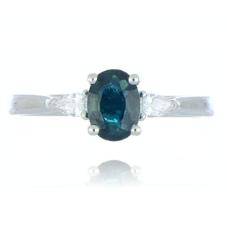 Fine Jewellery Jewellery Platinum 0.89ct Oval Teal Sapphire & Diamond Three Stone Ring 0204664