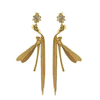 Alex Monroe Yellow Gold Plated Damsel Fly & Grassblade Drop Earrings With Green Amethyst