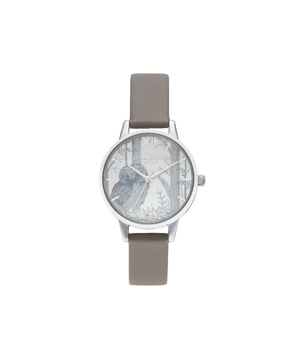 Olivia Burton Snowglobe Owl Watch With A Grey Leather Strap