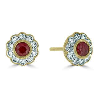 18ct Yellow Gold Ruby And Diamond Flower Stud Earrings