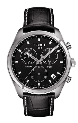 Tissot Gents Pr100 Chronograph Watch With A Black Leather Strap