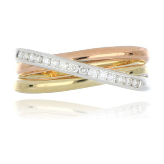 9ct Yellow White And Rose Gold 0.15ct Diamond 3 Band Crossover Ring