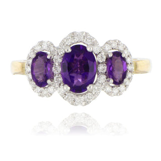 9ct Yellow Gold Amethyst And Diamond 3 Stone Ring