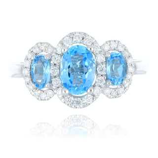9ct White Gold Blue Topaz And Diamond 3 Stone Ring
