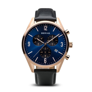 Bering Gents Rose Gold Vermeil Blue Watch With Black Leather Strap