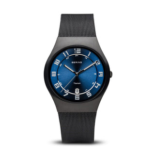 Bering Gents Titanium Blue Watch With A Black Mesh Bracelet