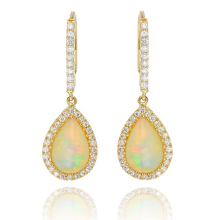 18ct Yellow Gold 1.71ct Pear Opal And Diamond Cluster Drop Earrings