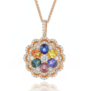 18ct Rose Gold 2.57ct Rainbow Sapphire And Diamond Flower Necklace