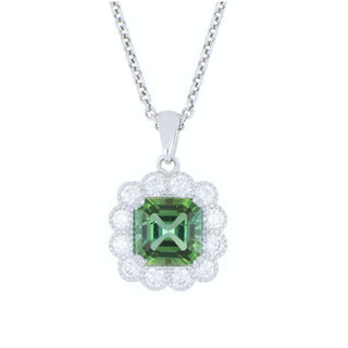 18ct White Gold 1.07ct Green Tourmaline And Diamond Cluster Necklace