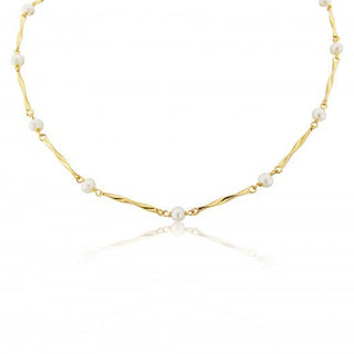 Fine Jewellery Jewellery 9ct Yellow Gold Twisted Bar And Pearl Necklace 1410319