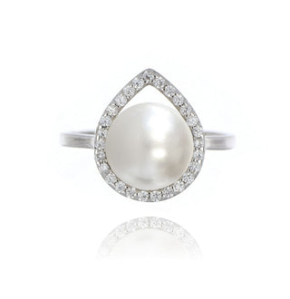A&s Enchanted Collection Freshwater Pearl And Pear Cubic Zirconia Halo Silver Ring