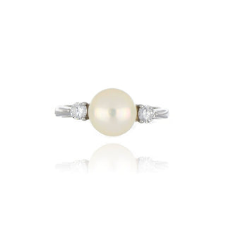 A&s Enchanted Collection Freshwater Pearl And Cubic Zirconia 3 Stone Silver Ring